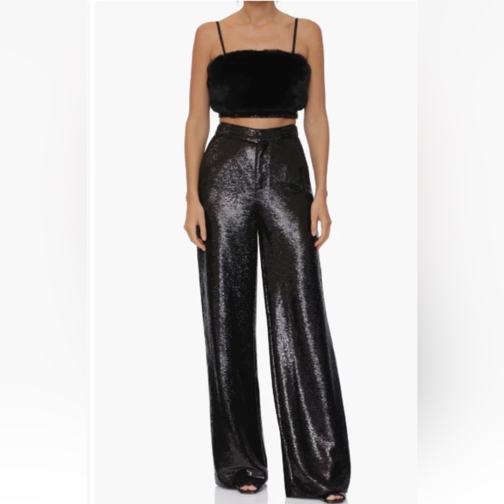 Avec Les Filles Black Sequin Wide Leg Pants Size 8 High Rise Evening Party